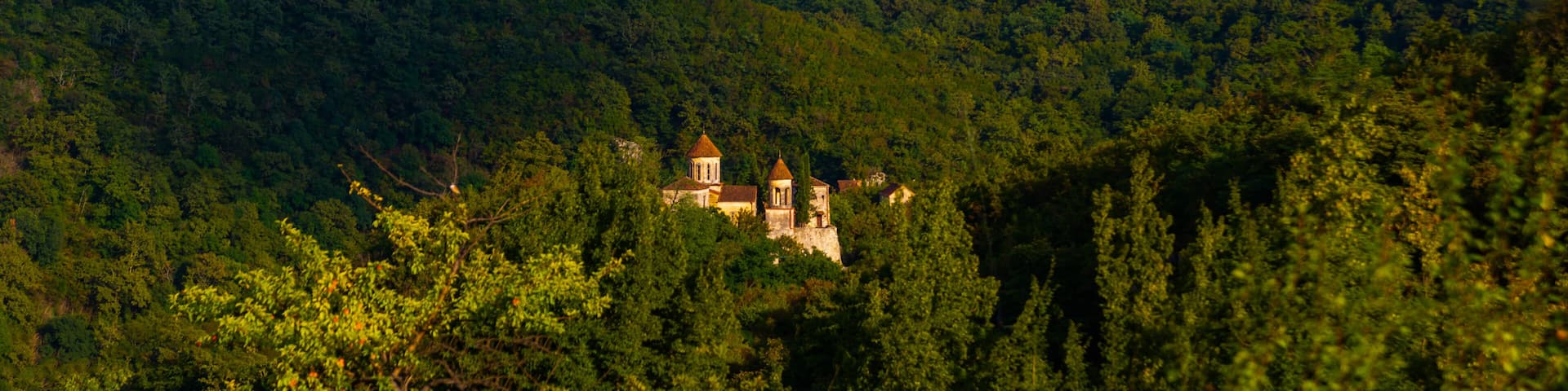 KUTAISI, GEORGIA: Beautiful landscape with a view of the Motsameta Monastery on a sunny summer day.