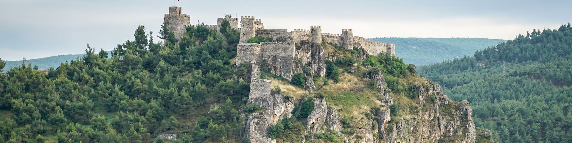 Un castillo histórico en la cima de una colina rocosa, rodeado de densos bosques de pino.