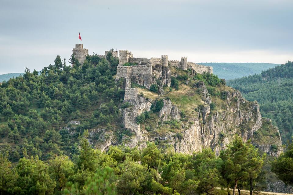 Um castelo histórico no topo de uma colina rochosa, rodeado por densas florestas de pinheiros.