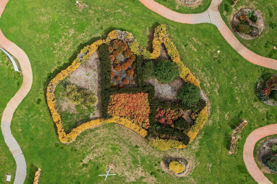 An aerial view of a park with a large, irregularly shaped flower bed, winding paths, and small circular gardens.