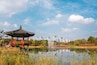 Hanbat Arboretum, Pond and traditional pavilion at autumn in Daejeon, Korea