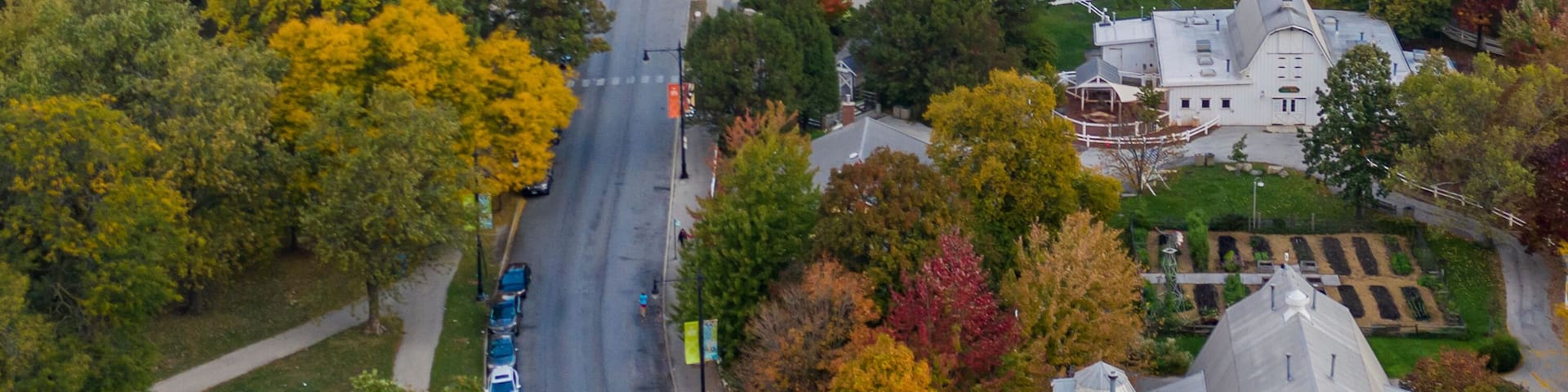 Aerial view of Lincoln Abraham Park with Chicago skyline in background at sunset, Chicago, Illinois, United States.