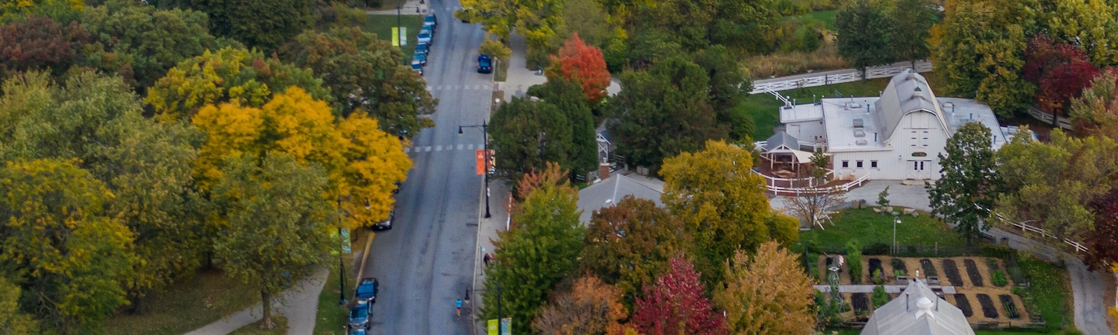 Aerial view of Lincoln Abraham Park with Chicago skyline in background at sunset, Chicago, Illinois, United States.