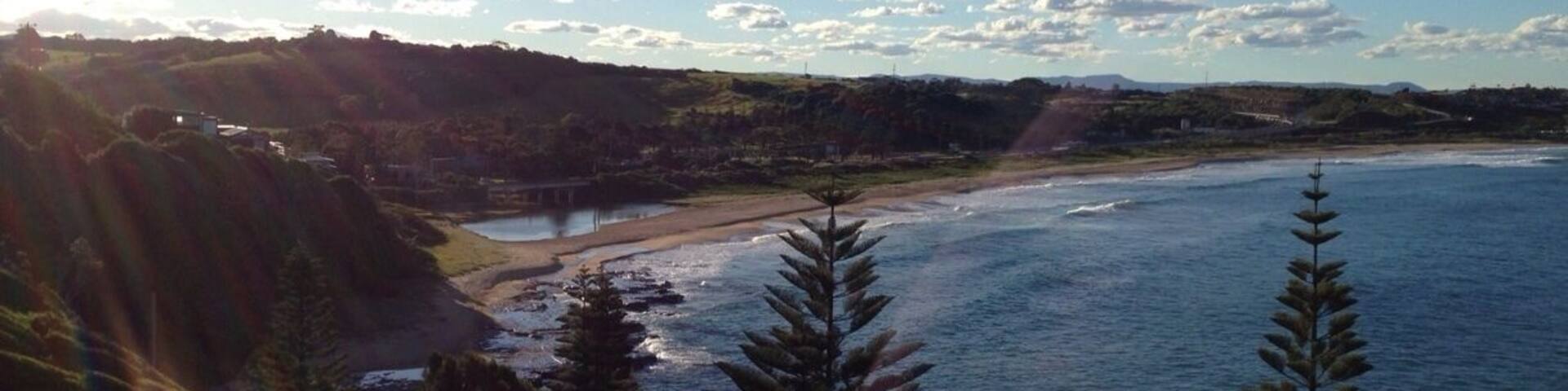 A coastal landscape with a grassy foreground, a beach, and a body of water under a clear sky.