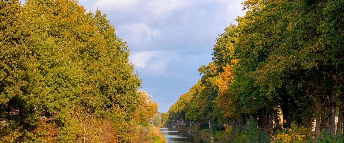 Oranjekanaal (Oranje Canal) with blue sky and colourful leaves on the tree in Autumn, Schoonoord is a small village in the Netherlands and it is part of the Coevorden municipality in Drenthe, Holland.