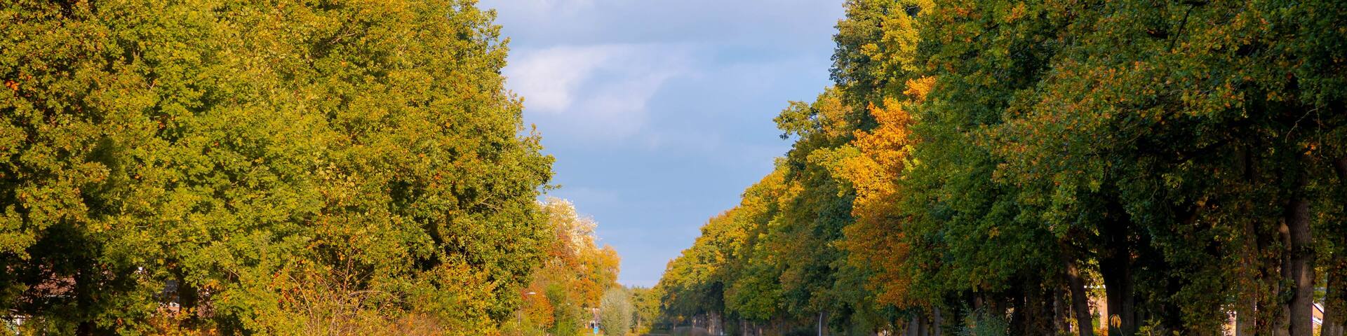 Oranjekanaal (Oranje Canal) with blue sky and colourful leaves on the tree in Autumn, Schoonoord is a small village in the Netherlands and it is part of the Coevorden municipality in Drenthe, Holland.