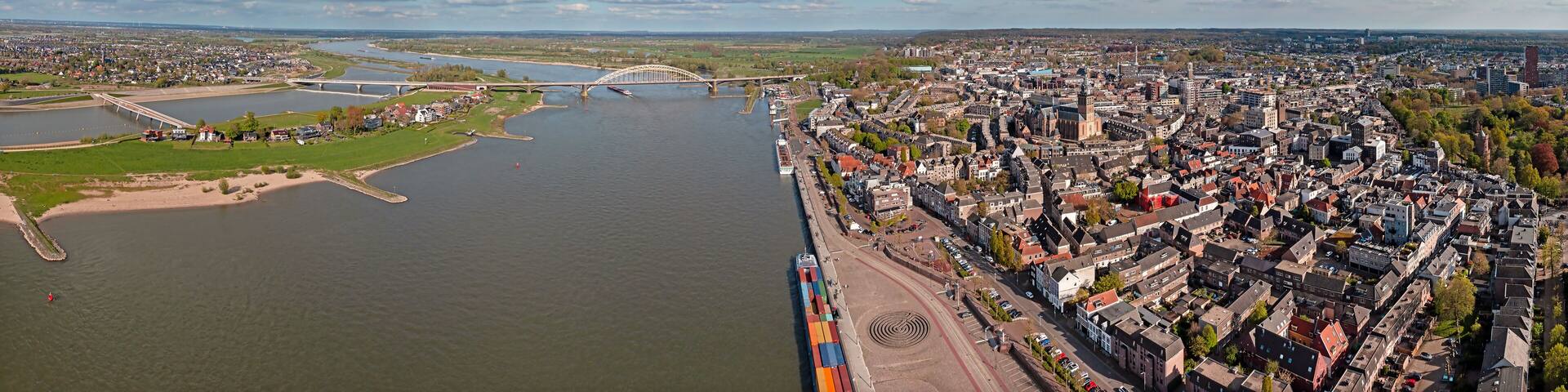 Aerial panorama from the city Nijmegen and the river Waal in the Netherlands