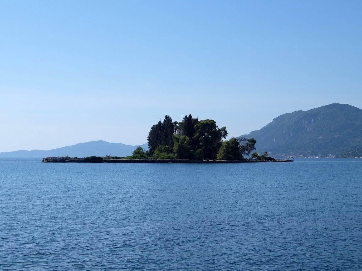 Mouse Island, as seen from the Vlacherna Monastery. You can take a boat to the little island to enjoy the views, which costs next to nothing.