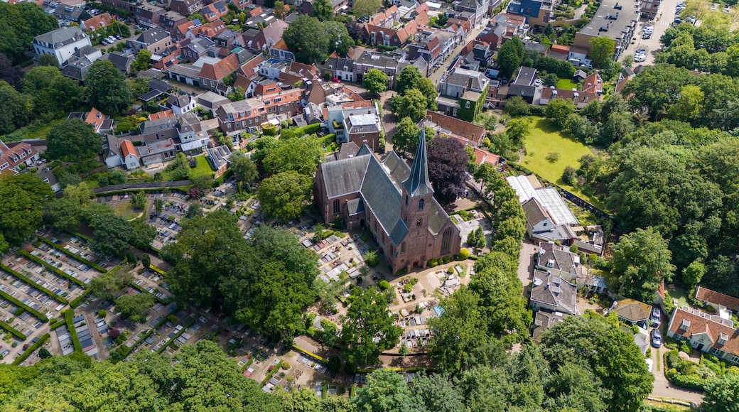 Vista aérea de una zona residencial con una iglesia destacada, rodeada de casas y vegetación.