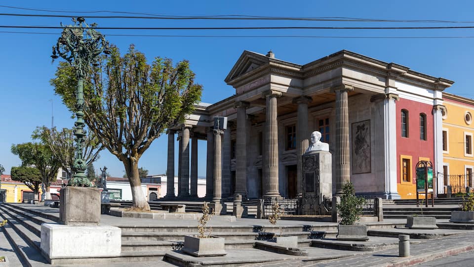 A classical building with columns, a statue, and a tree in front.