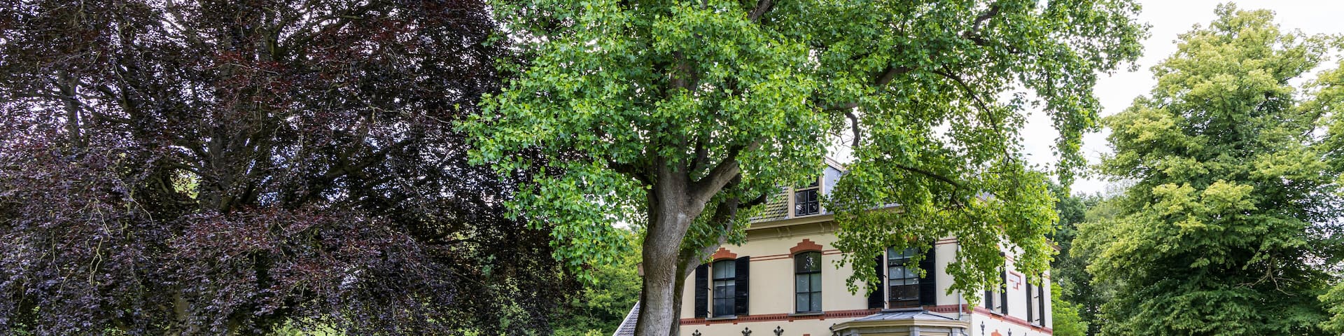 A large, historic house with a well-maintained garden and mature trees.