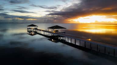 Aerial view of luxury beach resort South Palm Resort, jetty, Ismehela Hera, Addu Atoll, Maldives.