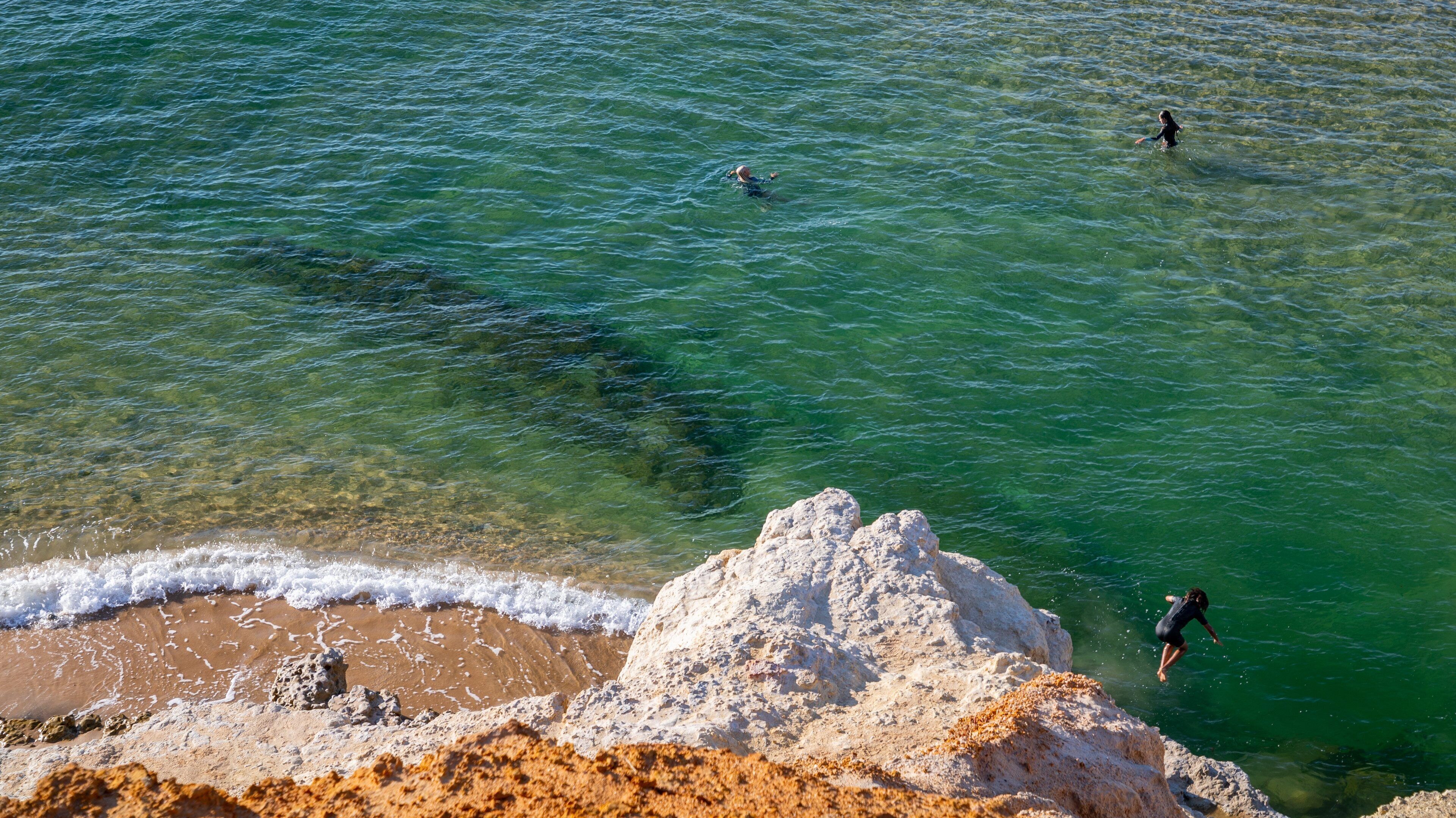 South Port Beach featuring swimming and general coastal views as well as a small group of people