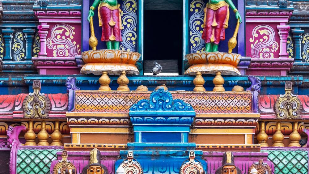 Detail colorful architecture of Goddess Kanakadurga temple in Vijayawada city, India