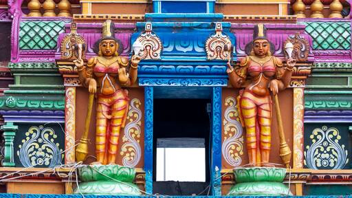 Detail colorful architecture of Goddess Kanakadurga temple in Vijayawada city, India