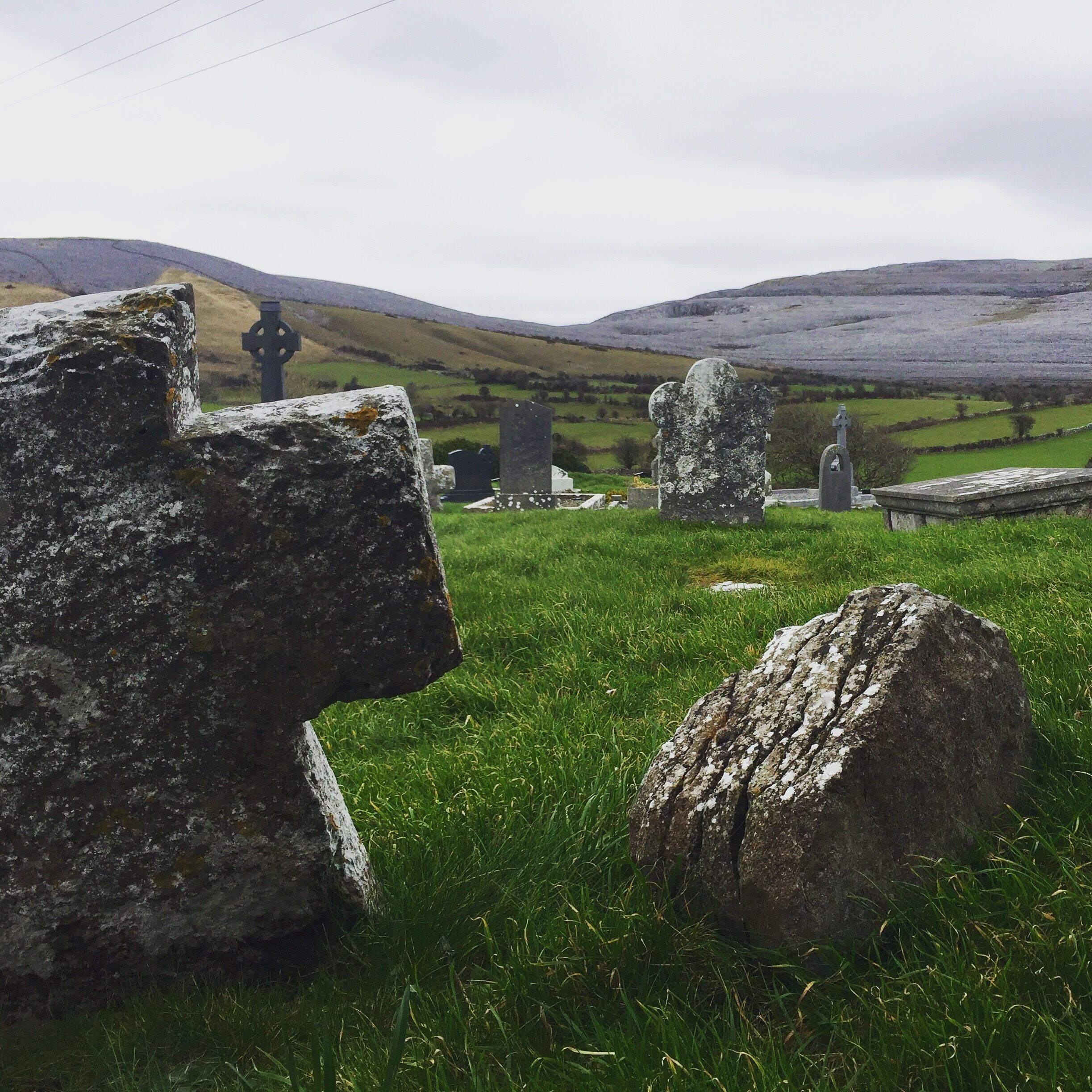 A grassy field with several large standing stones and a distant mountain range.
