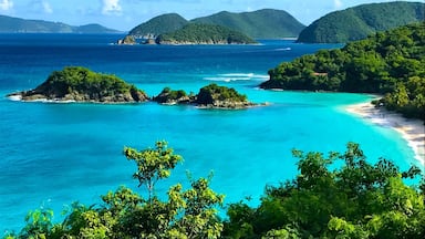 A turquoise sea with small islands, a sandy beach, and lush green hills.