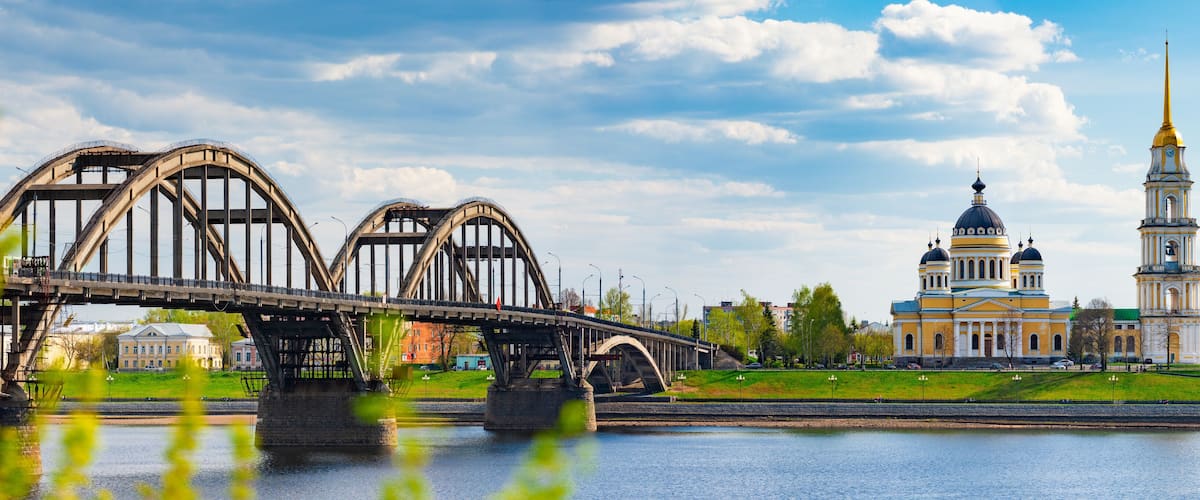 Panorama of Rybinsk city in Russia with church
