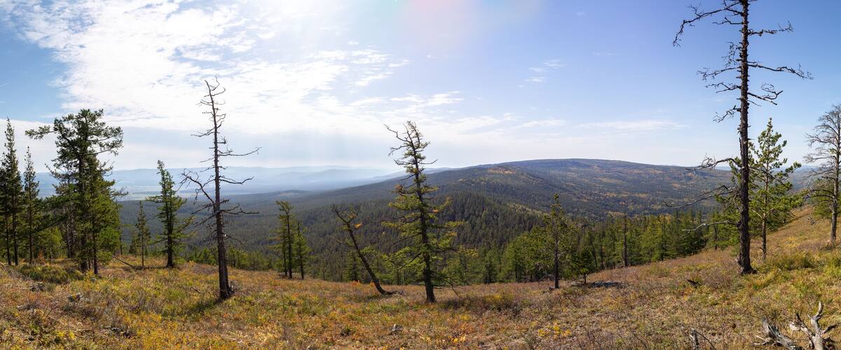 Beautiful view from the Sudovaya mountain to Inzer rocks, Yamantau mountain, Iremel mountain. Russia, South Ural, Bashkortostan Republic, Beloretsky district, near the Tirlyansky village.