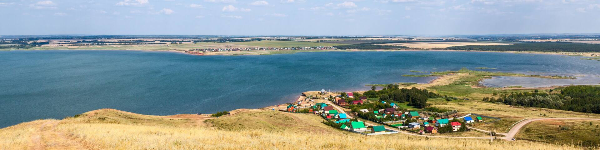 Lake Aslykul is in Davlekanovo district, Bashkortostan, Russia. Panorama with village next to water