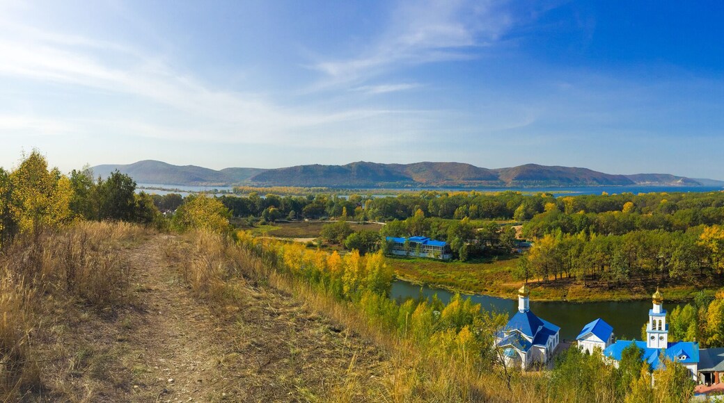 Tsarev Kurgan, Samara region, Russia. Panoramic view on the church of the icon of the Mother of God Inexhaustible Chalice and Zhiguli mountains