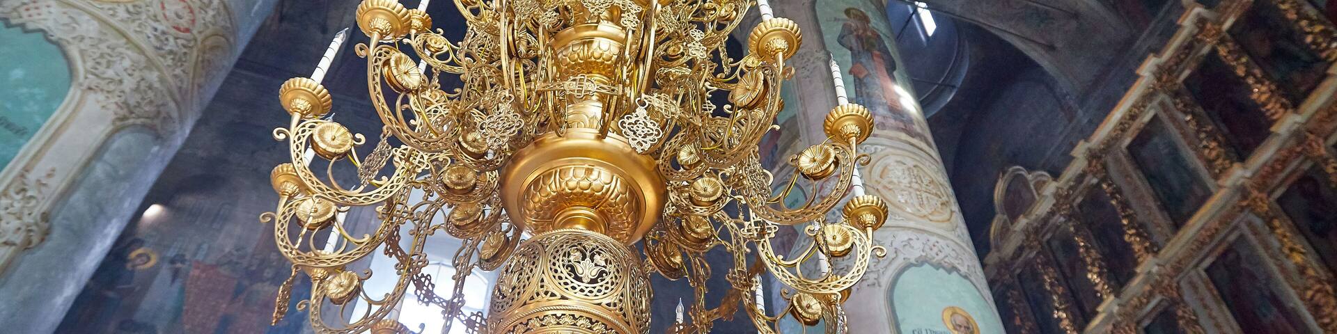 Slobodskoy, Russia - August 31, 2020: The interior of a traditional Christian Orthodox Russian church. The temple is inside with icons and an iconostasis