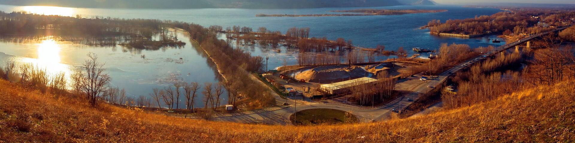 Panorama of the Volga River. Confluence of the river. Juice. Late autumn sunny day.