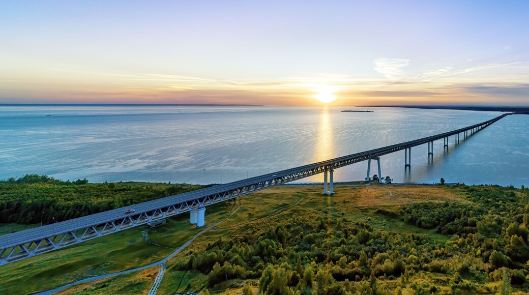 Sunrise over Volga river and President bridge in Ulyanovsk, Russia aerial view