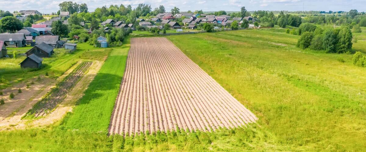 Beautiful small green village and a plowed field nearby summer from above.