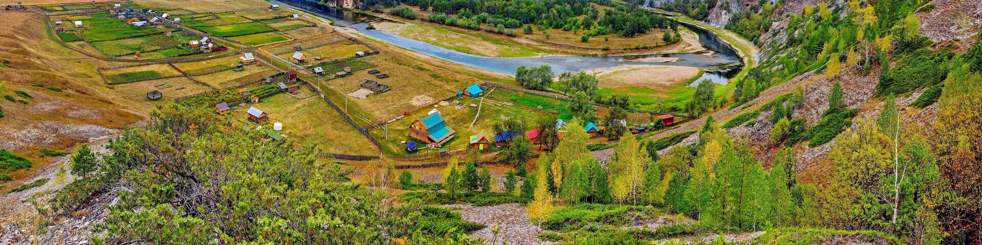 Ishdavletovo village in the Beloe river valley in the Southern Urals on a summer day