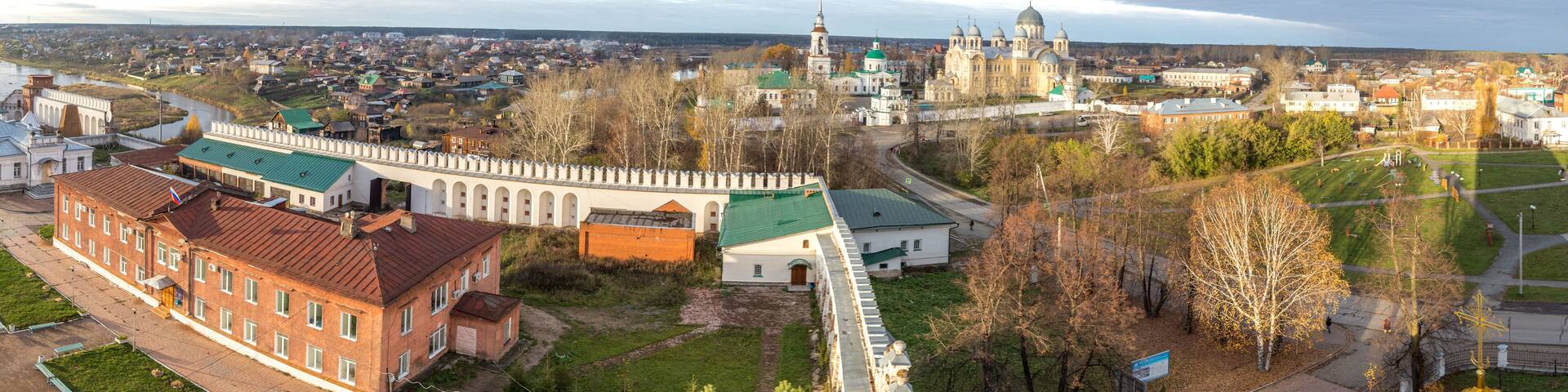 Beautiful view of St. Nicholas monastery from the bell tower of Trinity Cathedral. Verhoturye city, Sverdlovsk region, Russia.