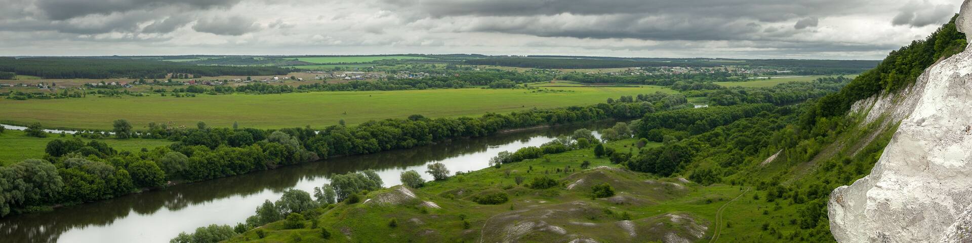 Panorama. View from the high bank to the Don river. Place - Middle Don, "Storozhevskaya bridgehead", Ostrogozhsky district, Voronezh region.