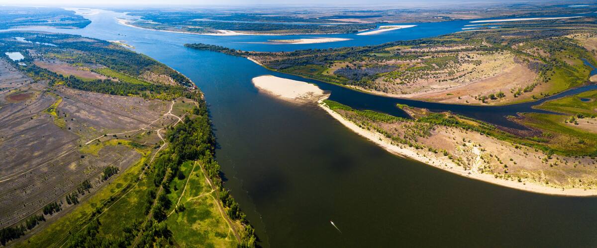 Aerial panorama of the river of Volga near the town of Akhtubinsk, Russia