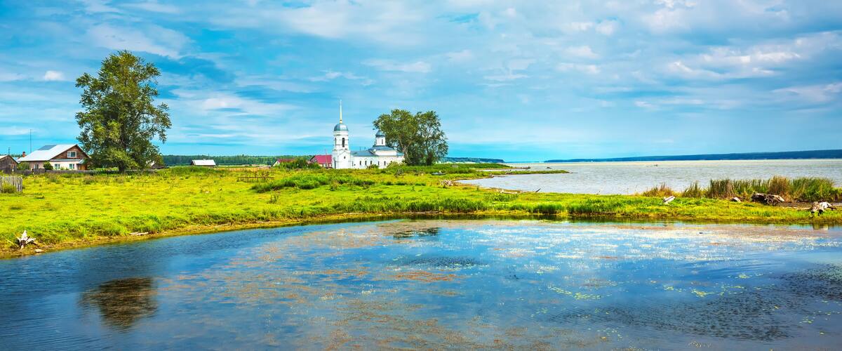Rural landscape with a river. Chingisy, Novosibirsk oblast, Russia