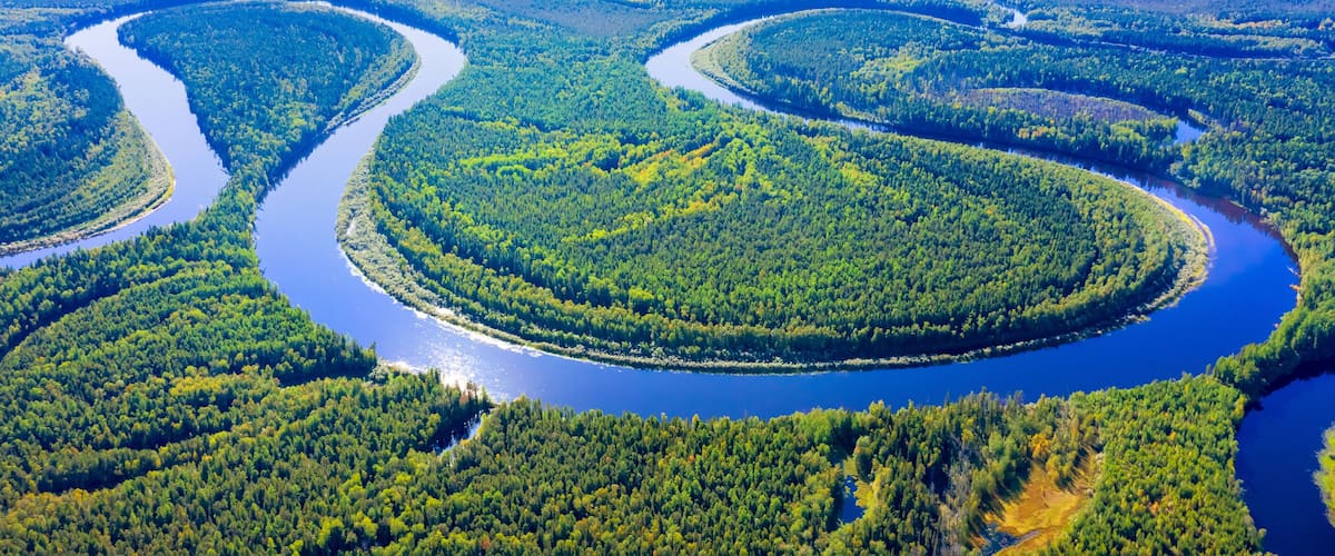 Aerial photography of landscape in Western Siberia. Agan River, tributary of Ob River.
