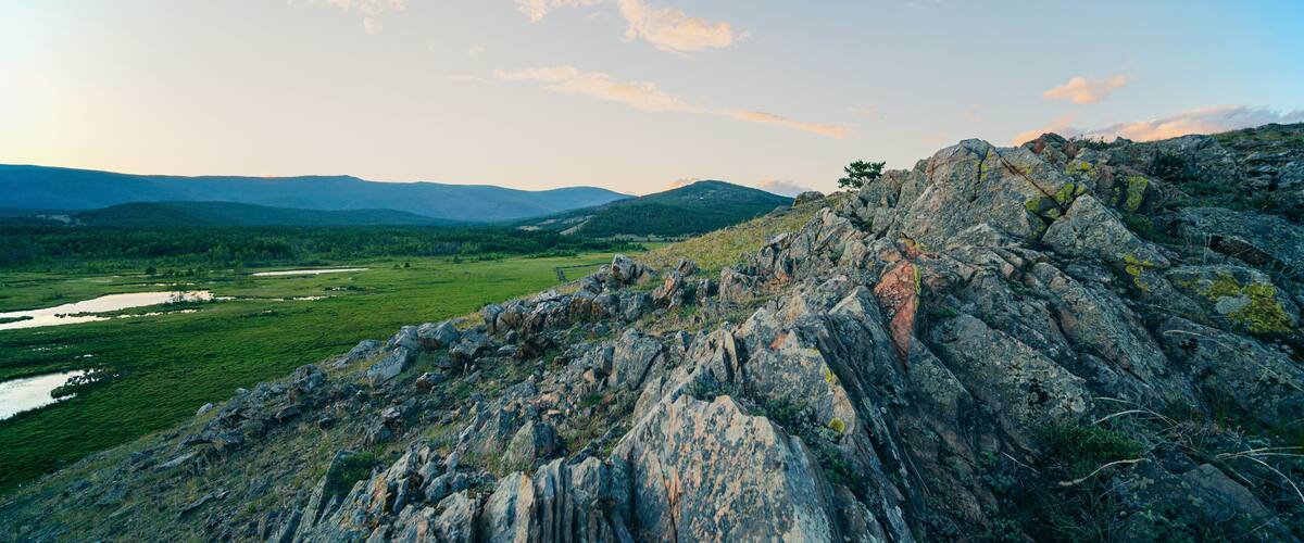 Wonderful view on mountain at sunset. Baikal mountain, Primorsky range near Onguren, travel in Siberia, scenery