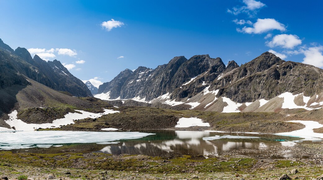 The beautiful valley of the Middle Sakukan river against the backdrop of the Kodar mountain range. Trans-Baikal Territory, Kodar National Park.