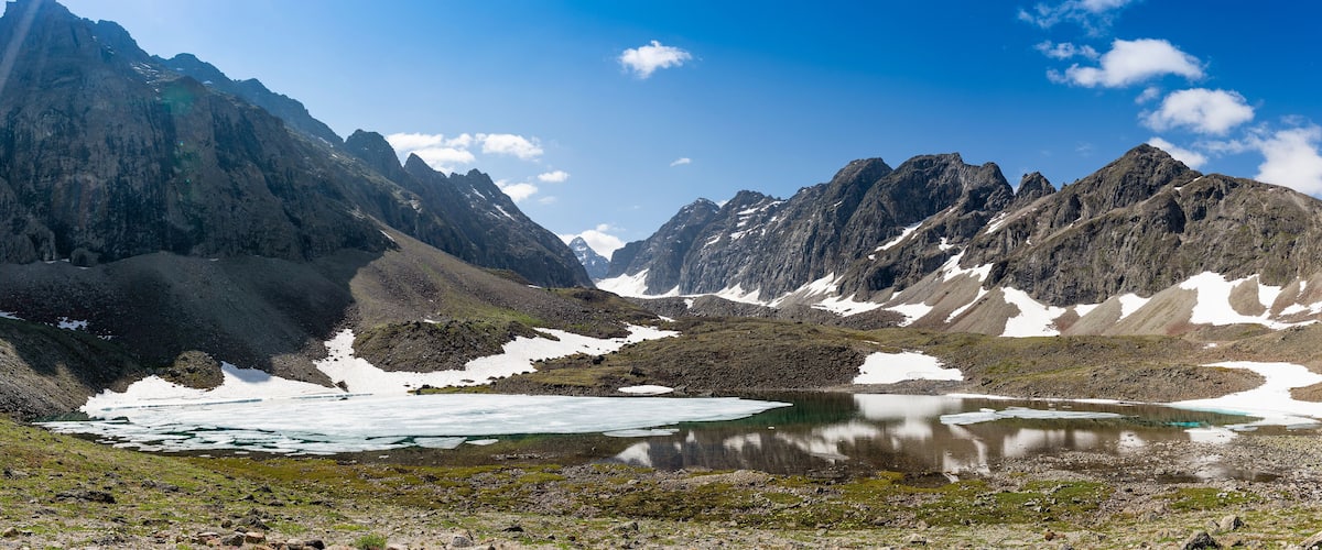 The beautiful valley of the Middle Sakukan river against the backdrop of the Kodar mountain range. Trans-Baikal Territory, Kodar National Park.