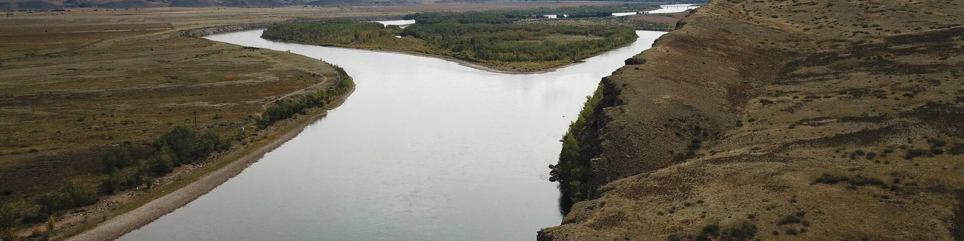 Beautiful landscape of Russian nature. Aerial view of the mountains, the steppe and the Yenisei river in Siberia, Tyva (Republic Tuva). Autumn landscapes. Captured with a drone.