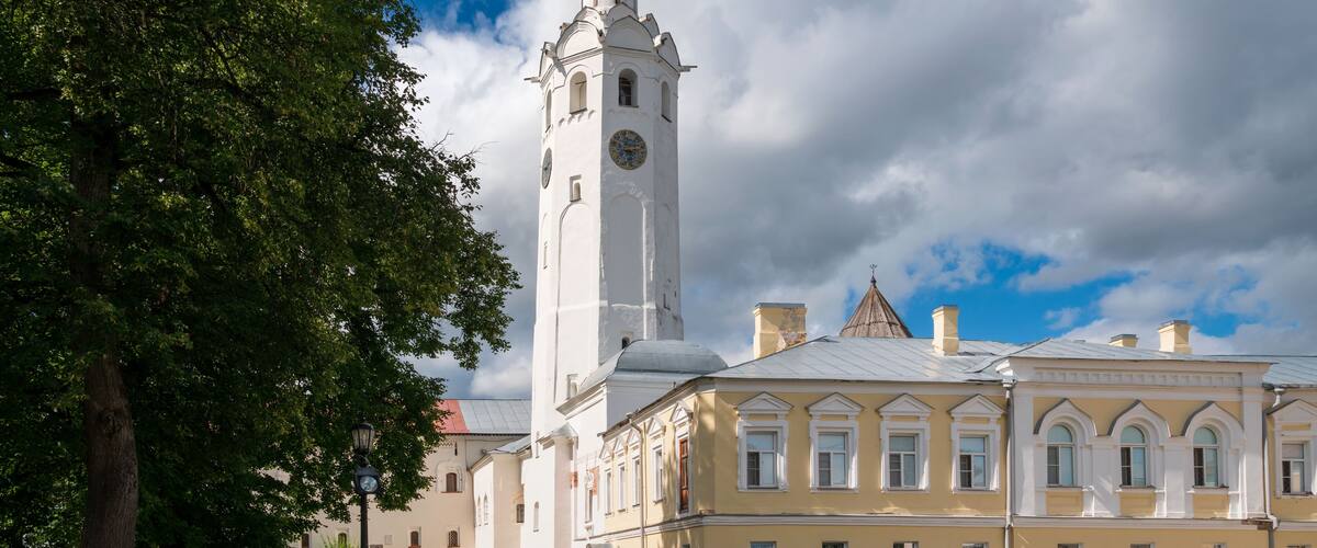 The Ioannovsky Building and the Church of St. Sergius of Radonezh with the Euthymius Bell Tower on the territory of the Novgorod Kremlin (Novgorodsky Detinets), Veliky Novgorod, Russia