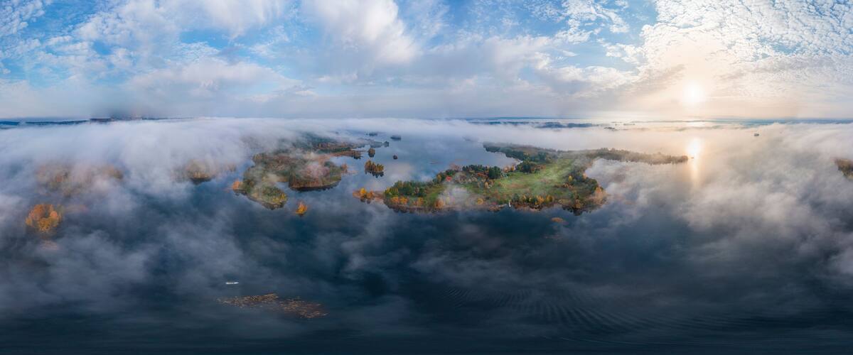 Aerial panoramic view of Kizhi Island, Republic of Karelia, Medvezhyegorsky District, Russia.