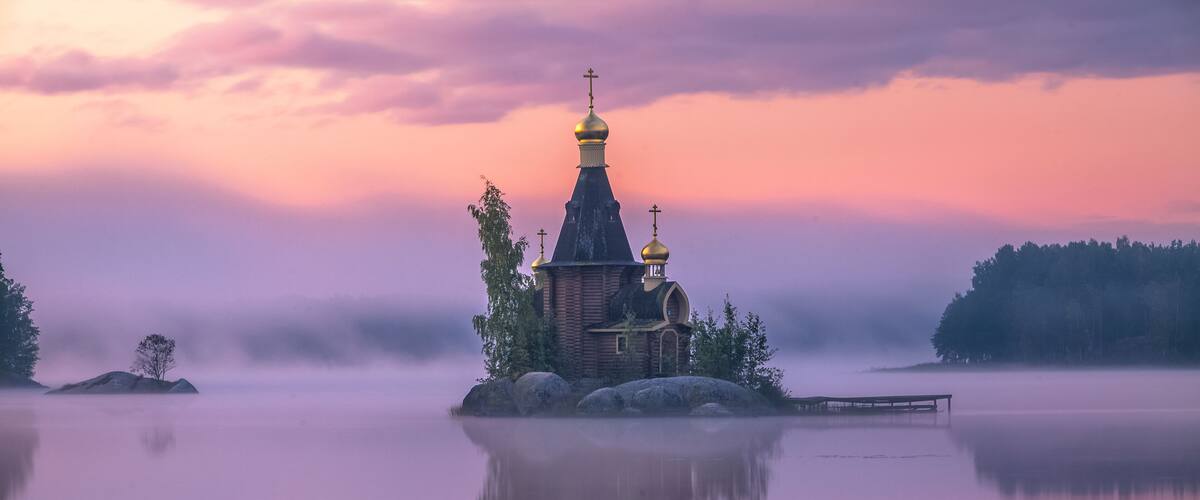 The Church of St. Andrew on the island in the middle of the river Vuoksa. Leningrad region, Russia