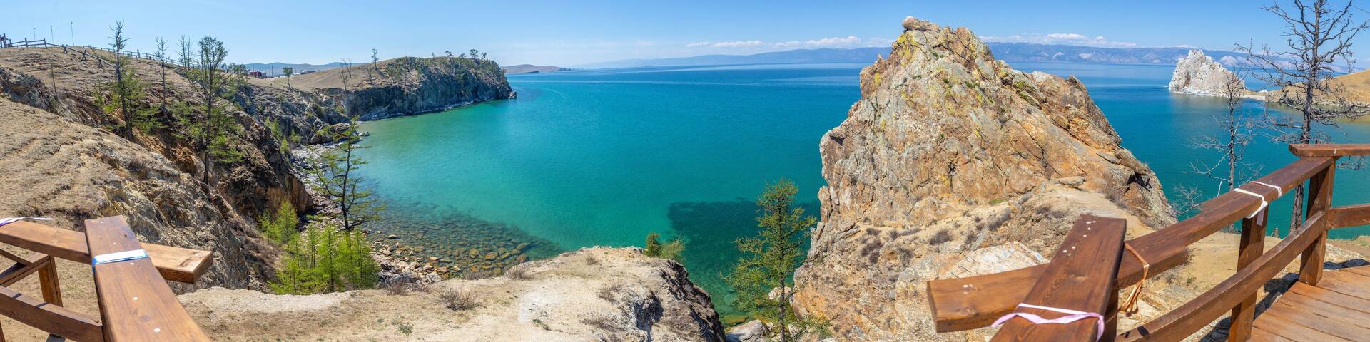Shamanka cliff and Baikal lake. Khuzhir village, Olkhon island, Irkutsk region, Russia.