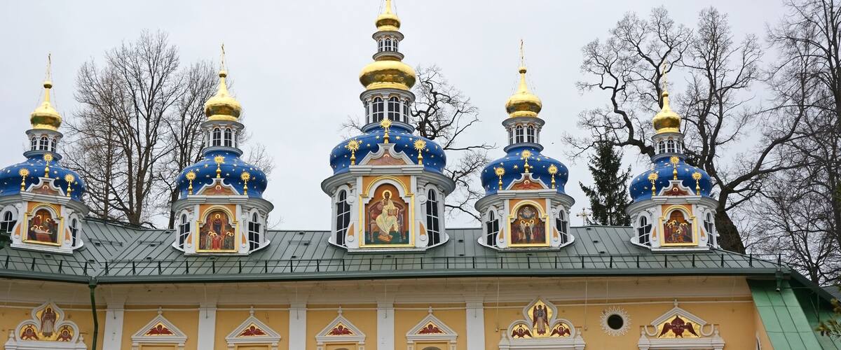 Blue chapels of the church of the Pskov-Caves Monastery, a Russian Orthodox male monastery, located in Pechory