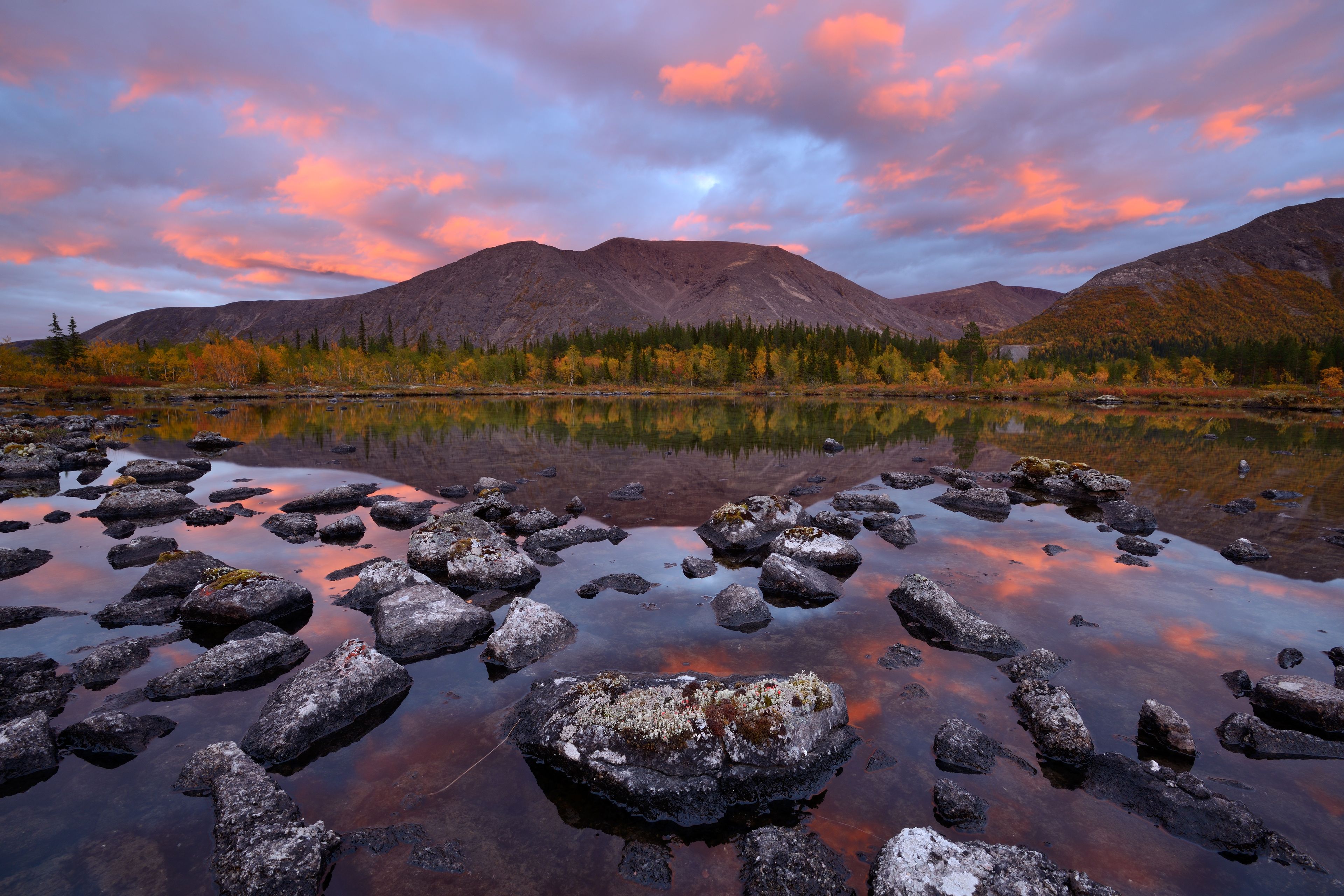 View of Polygonal Lakes at sunset, Khibiny mountains, Kola Peninsula, Russia