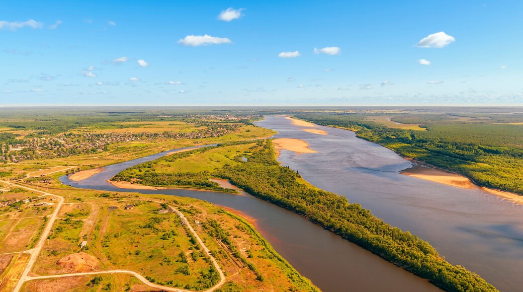 Aerial view of Vychegda river.Arkhangelsk Oblast.Russia
