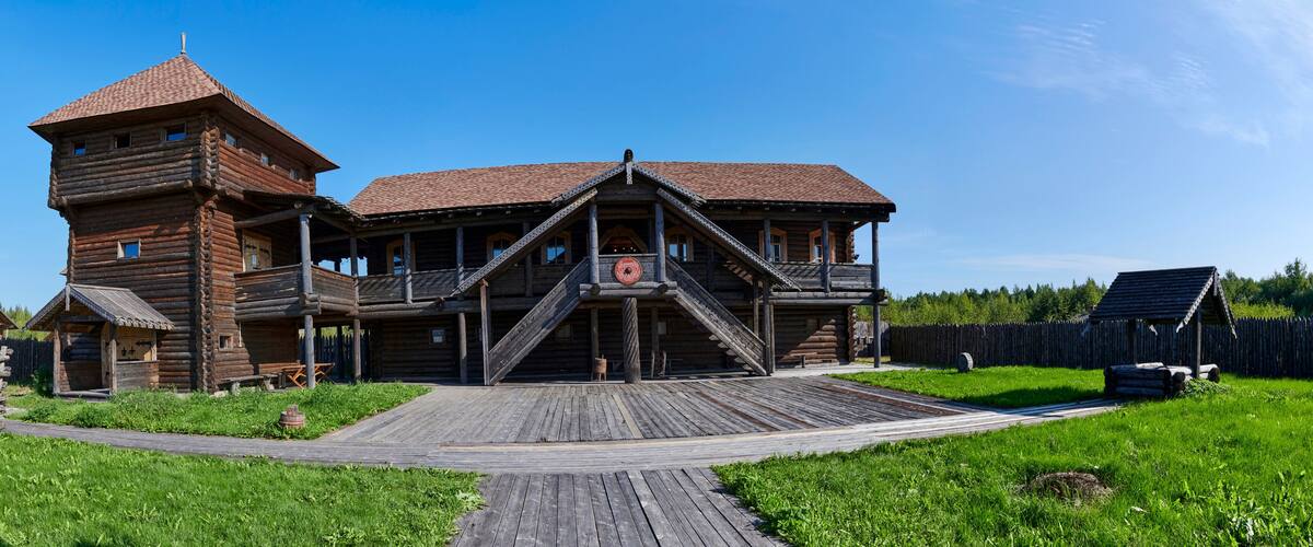 Russia. Sheksna river. Kuzino pier. Cultural and ethnographic complex. Primordial Russia