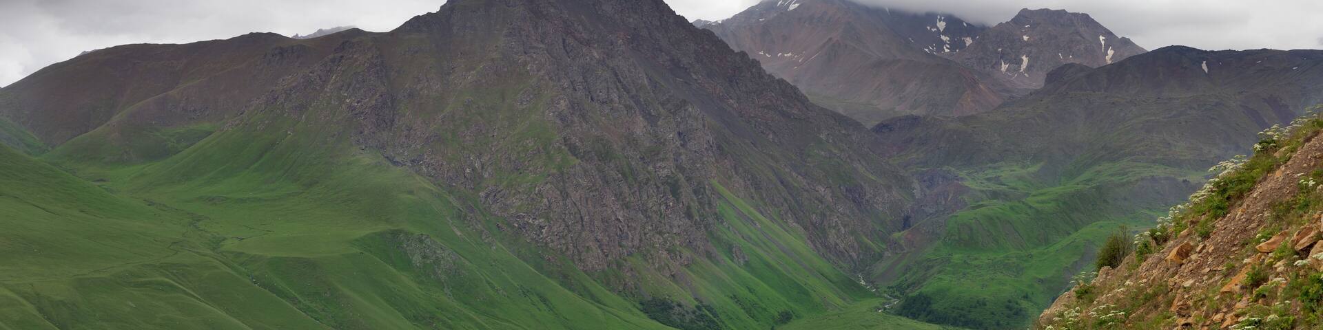 panorama with clouds above green and brown mountains