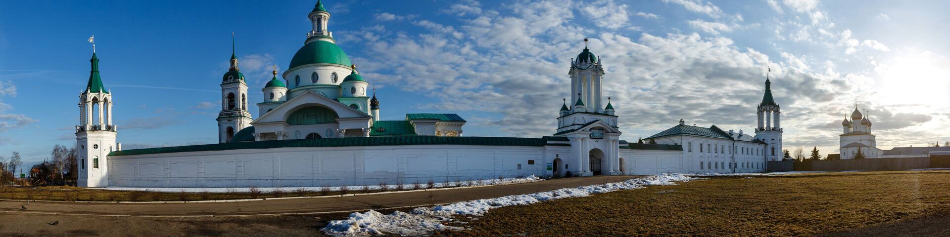 Panoramic view of ancient Spaso-Yakovlevsky Dimitriev monastery in spring. Orthodox monasteries and churches. Traditional Russian architecture. Rostov The Great, Yaroslavl region, Golden Ring, Russia