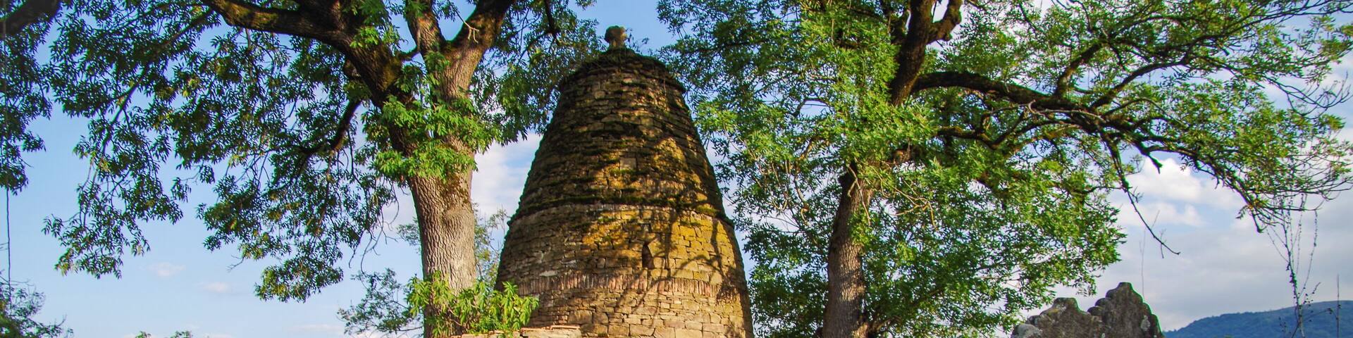 Kala-Koreysh. Mausoleum of governor in ancient fortress of Quraysh. Nature and travel. North Caucasus. Russia, Dagestan, Dakhadayevsky District, near Kubachi